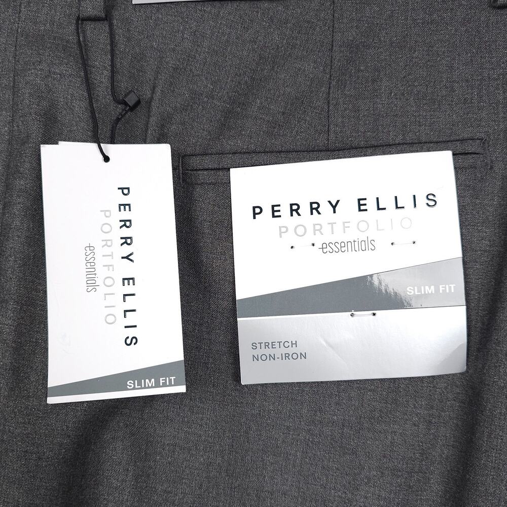 Perry Ellis Mens Slim Fit Dress Pants 36x29 Alloy Grey Solid Stretch Micro Twill - Picture 10 of 13